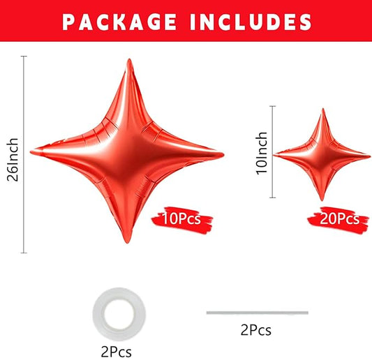 TONIFUL 30Pcs 26In&10In Star Balloons Red Four Pointed Foil Mini Star Mylar Balloons for New Year Valentine's Day Birthday Wedding Baby Shower Anniversary Engagement Party Decor Supplies