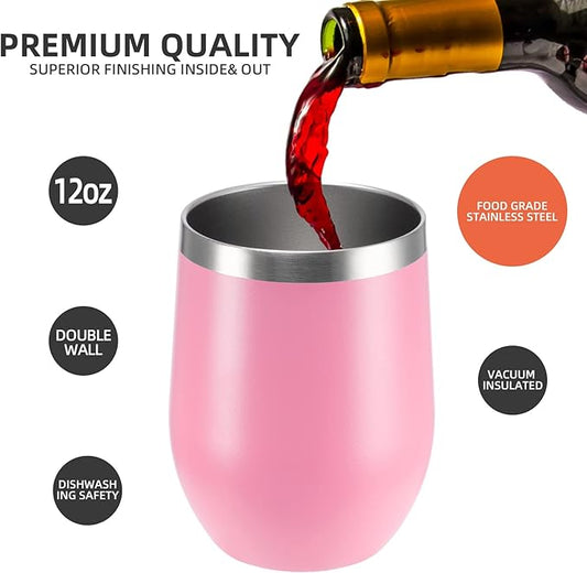 12 oz Insulated Wine Tumbler with Lid and Straw,Stainless Steel Stemless Wine Tumbler Glasses Double Wall Vacuum Wine Cups Tumbler Bulk for Coffee,Champaign,Cocktail,Office(Pink,4)