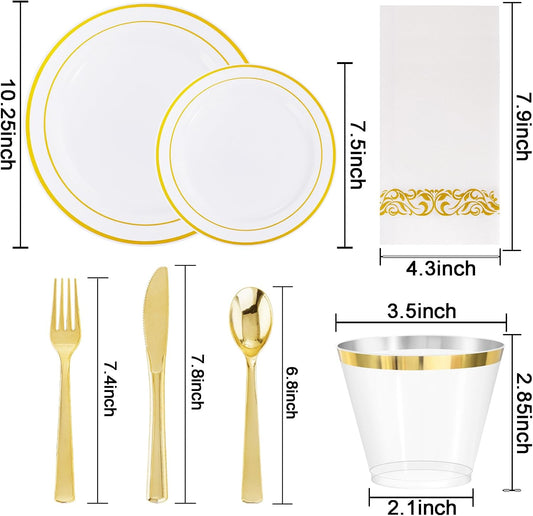 WELLIFE 700 Pieces Gold Plastic Dinnerware Set for 100 Guests - Includes Plates, Cups, Napkins, and Disposable Cutlery - Elegant White & Gold Design, Perfect for Parties and Events