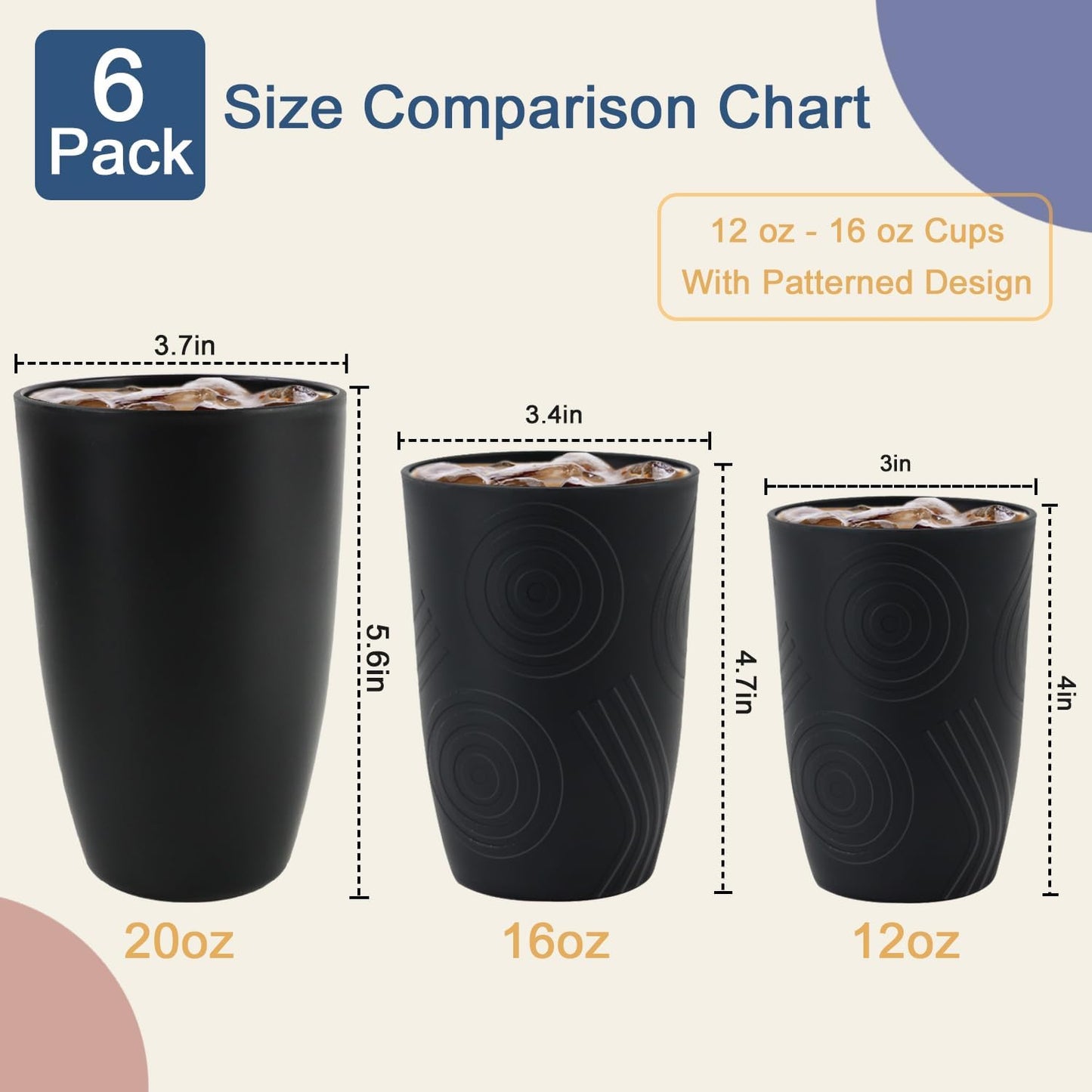 Wheat Straw Cups 20 OZ Set of 6, Unbreakable Drinking Cup Reusable, Alternative to Plastic Cups Reusable, Kitchen Water Tumblers Dishwasher and Microwave Safe (Black, Grey)