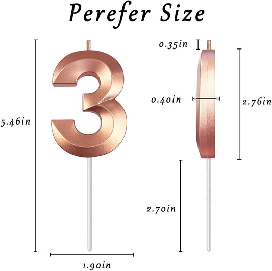 Rose Gold Number 3 Candles, 3D Diamond 2.76 Inch Cake Topper Birthday Candles for Wedding Anniversary Cake Decorations, Happy Birthday Party Decorations
