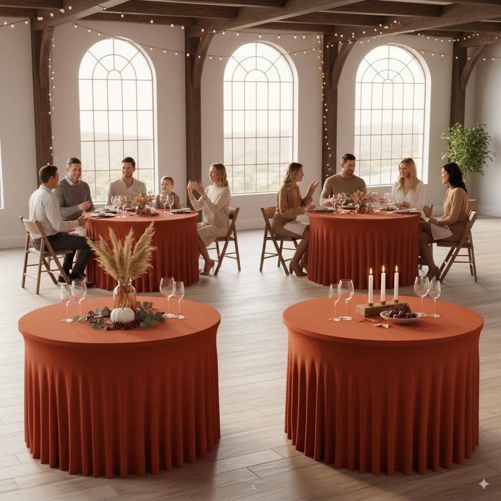 HolidayIdeas 6 Pack Spandex Table Skirts for 60 Inch Round Table, Fitted Stretch Ruffle Cover for Wedding Receptions, Holiday Parties, Rust