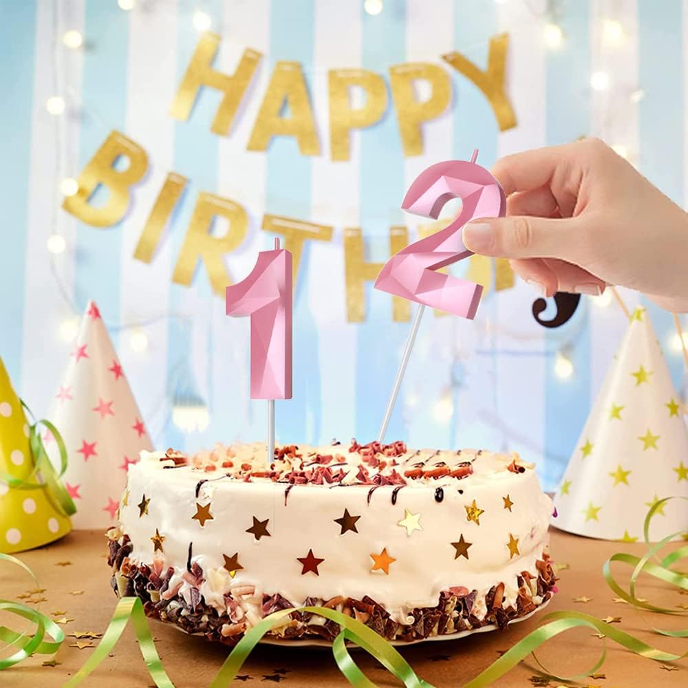 Number Birthday Candles(30 Candle Pink) 3D Diamond Shape 30th Happy Birthday Cake Topper Decorations for her him Birthday Wedding Anniversary Celebration Theme Party Supplies