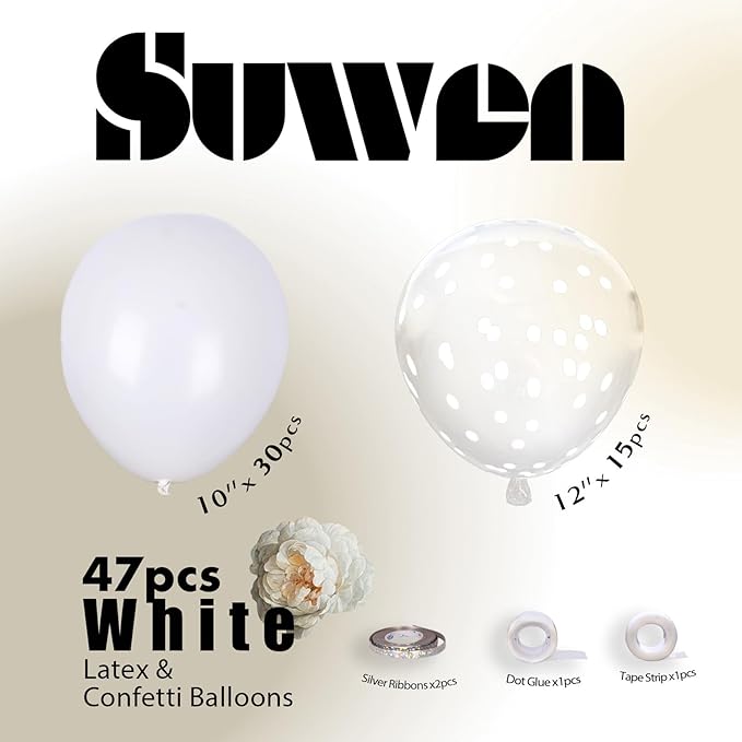 SUWEN White Balloons and Confetti Balloons Set 47PCS Latex Helium White Balloon for Birthday Anniversary Party Decorations