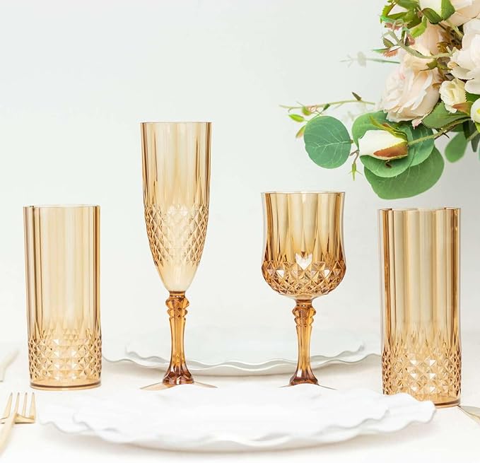 Efavormart 6-Pack Plastic Highball Glasses, 14oz Shatterproof Crystal Cut Drink Glasses for Kitchen Mojito Whiskey Cocktail, Amber Gold