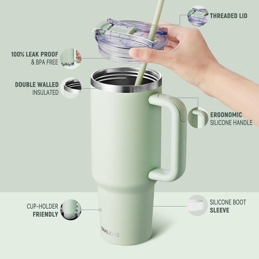 40 oz Tumbler with Handle and Straw Lid,Insulated Reusable Stainless Steel Water Bottle Travel Mug,Cupholder Friendly Double Wall Vacuum Sealed Cup (Light Green)