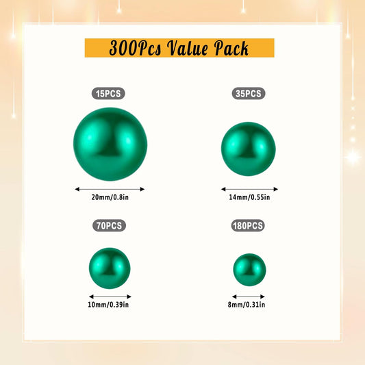 300Pcs Pearl Vase Filler, Green No Hole Faux Pearl Beads for Centerpieces Vases, Candle Centerpieces, Wedding Birthday Party Home Decor 8/10/14/20mm