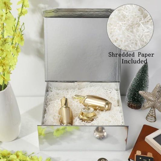 6 Pcs Silver Gift Boxes - Large 13x11x5.3 Inch - Modern Style - Magnetic Lids - Crinkle Paper - Luxury Gift Boxes for Presents