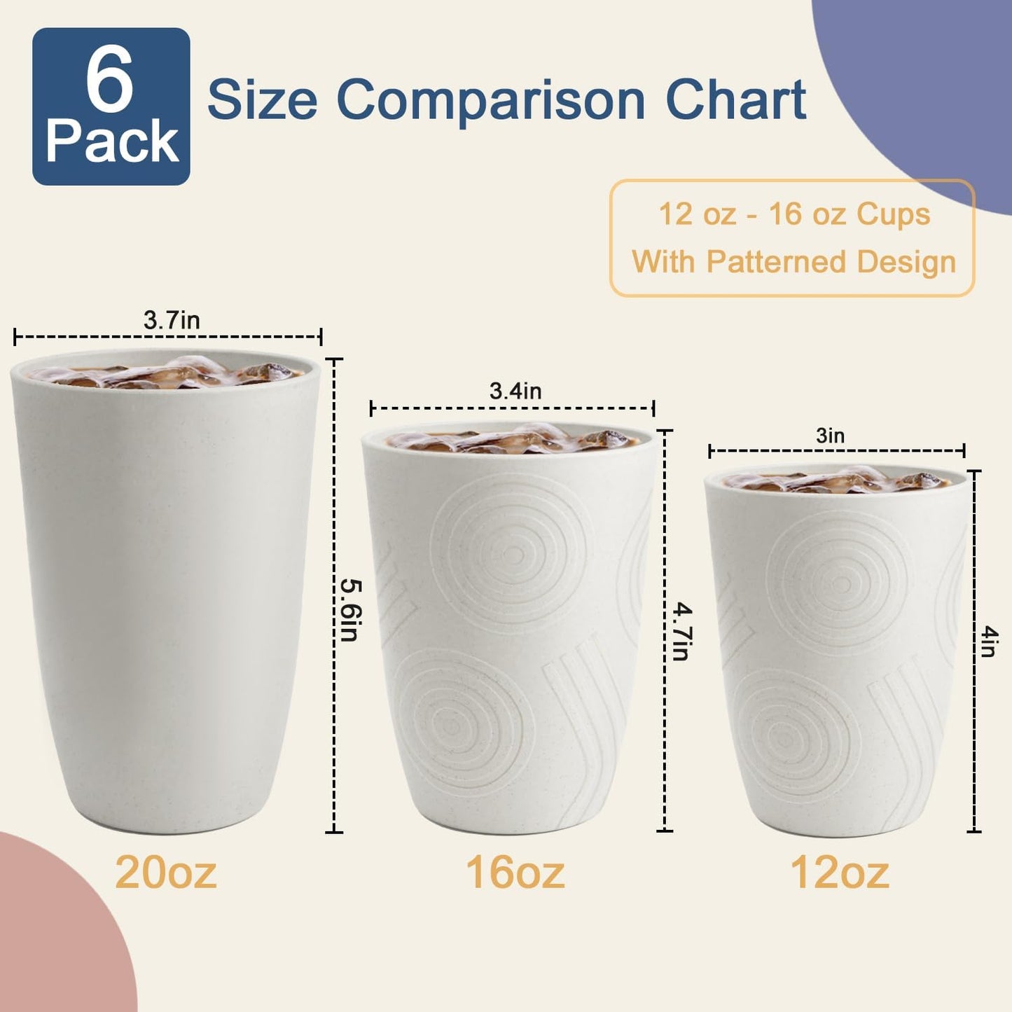 Wheat Straw Cups 16 OZ - Unbreakable Drinking Cup Set of 6 Plastic Cups Reusable Lightweight Glasses Drinking Cup Microwave & Dishwasher Safe Water Glasses Tumbler - White