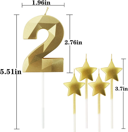Golden Number 2 Birthday Candles and Star Birthday Candles 2.76 inch Birthday Cake Candles 3D Diamond Shaped Candles are Suitable for Birthday Parties and Anniversary Cake Decorations Candles(Gold 2)