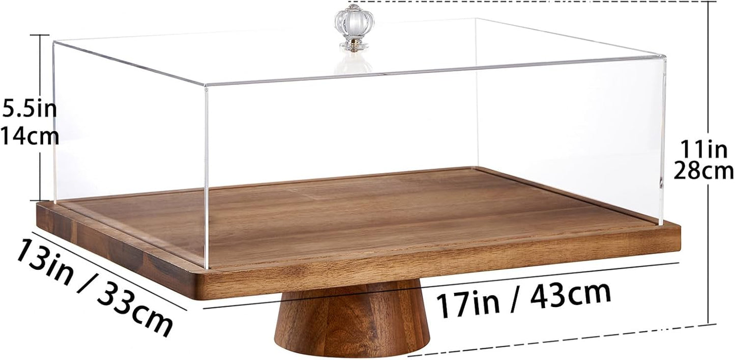 Large Cake Stand with Lid, 17″ Rectangular Multi-Functional Cake Holder, Acacia Solid Wood 2-in-1 Dessert Table Display Set, Charcuterie Board for Cheese ,Fruit Platter, Acrylic Cake Dome Cover