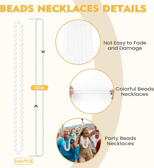SHAOQINLIN 144 PCS White Bead Necklaces, Mardi Gras & 4th of July Party Beads, 33 Inch Round Beaded Bulk for Carnival, Christmas & Patriotic Day Favors