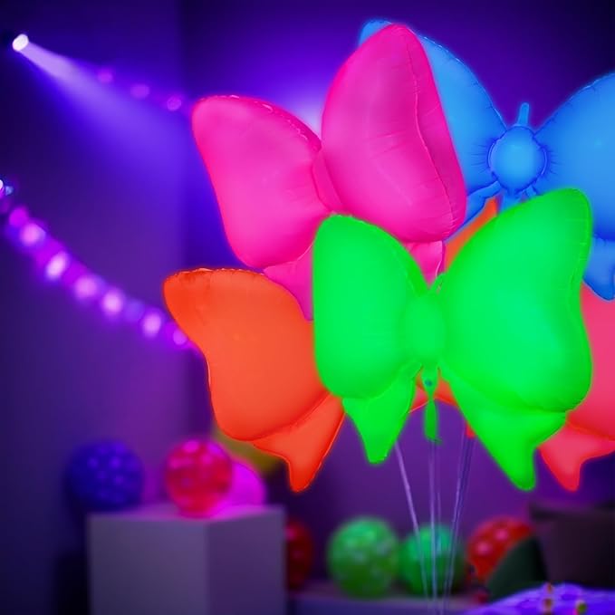 Mega-L Glow in the Dark Party Supplies, 5 Pcs Neon Bow Balloons Set – Fluorescent Red, Lemon Yellow, Fuchsia, Blue and Orange Balloons Perfect for Birthday, Wedding, Anniversary, Graduation Party