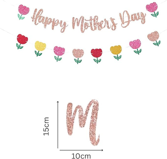 Happy Mother's Day Banner Set Decoration for Mother's Day Party Decorations Backdrop Garland for Mom Mother's Day Glitter Garland Photo Props (Rose Gold Tulip)