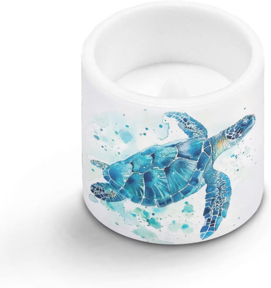 Poceacles LED Flameless Candles Set of 4 Multi-Color Battery-Powered Candles with Remote and Timer, Tea Light for Weddings Parties Decorations, Watercolor Sea Turtle Blue White