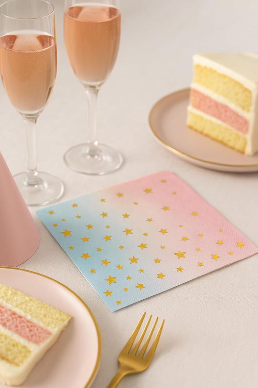 100 Gold Star Cocktail Napkins- 2-Ply Gradient paper Napkins for Parties, Weddings, Birthday, Bars & Everyday Use- Disposable Fancy Dinner Napkins (100-Pack)