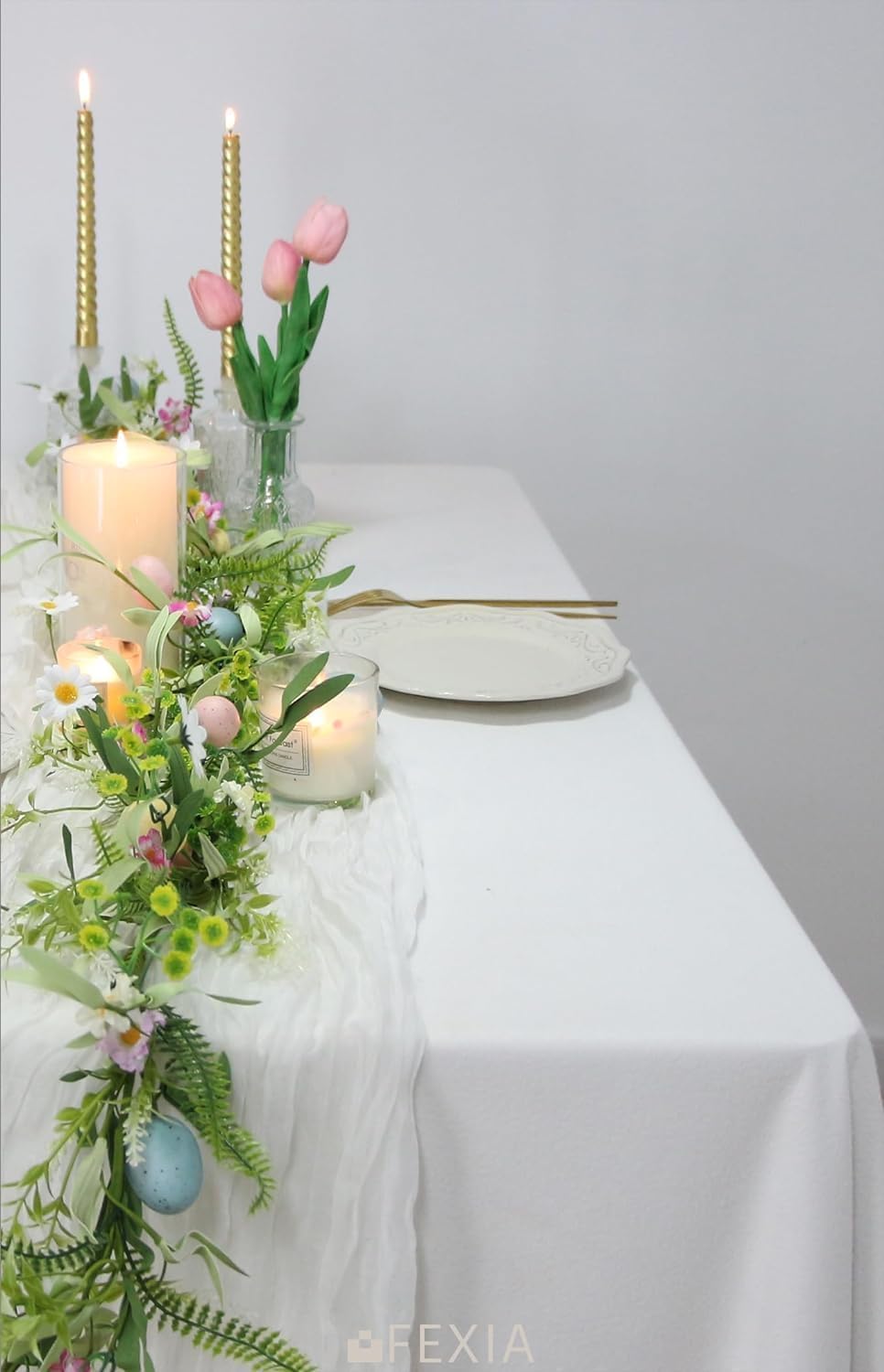 FEXIA 6 Pack White Cheesecloth Table Runner 35x120 Inches for Wedding Party Decorations Spring Easter Table Runner for Bridal Shower Engagement First Communion Centerpiece for Table (White)