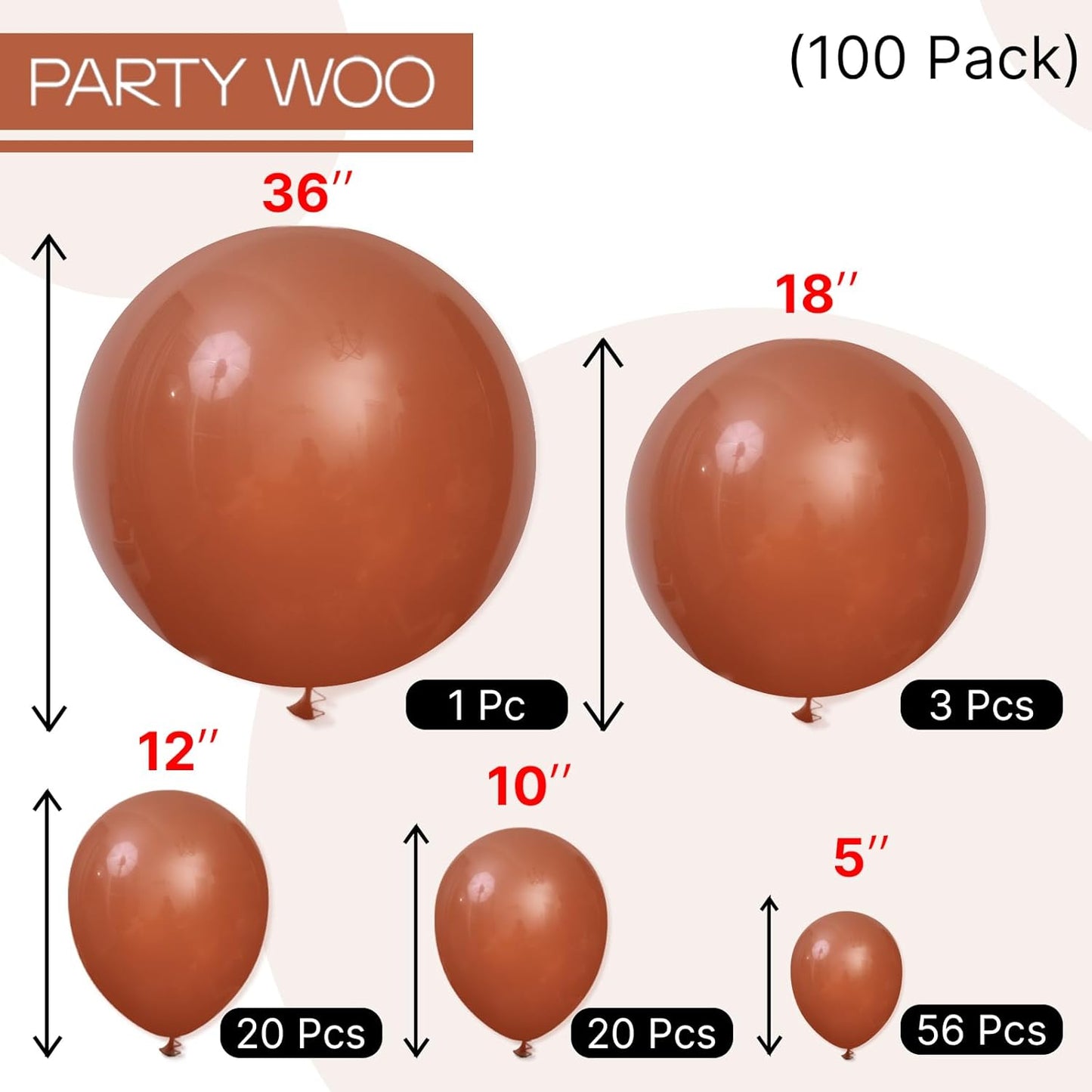 PartyWoo Brown Balloons 100 pcs Different Sizes of 36 18 12 10 5 Inch Dark Brown Boho Neutral Coffee Latex Helium Balloon Arch Kit Garland for Wedding Baby Shower Birthday Party Decorations Brown-F08