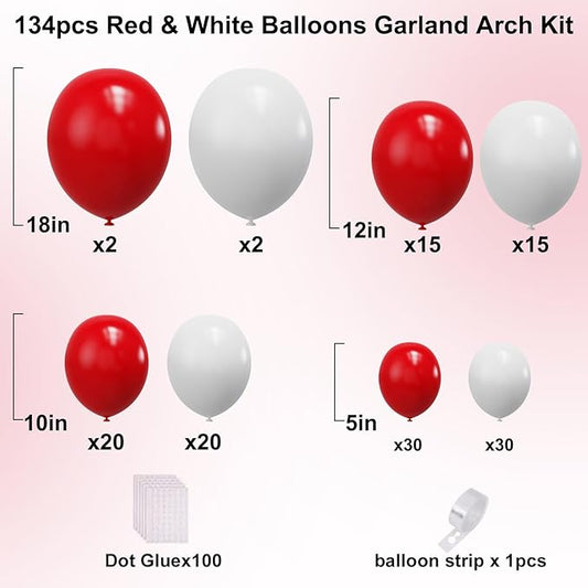 YMSZ Red and White Balloons Garland Arch Kit, 134pcs Red Balloon and White Balloons for Mother's Day, Valentine's Day, Birthday, Wedding, Christmas Party Decorations