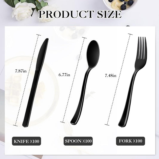 300 Pack Black Disposable Plastic Silverware Heavy Duty,Black Cutlery Set, Plastic Forks and Spoons Knives Utensils Set for Birthday Party Prom Night,Weddings,Halloween