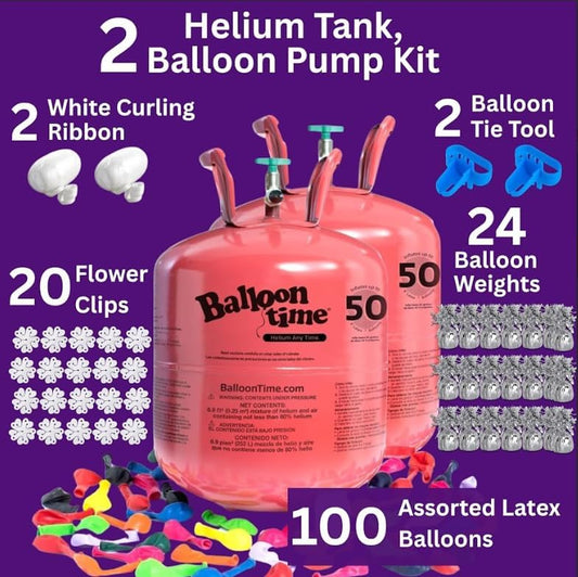 Helium Tank for Balloons At Home 14.9 Cu Ft Helium Tank, 50 Balloons and White Ribbon, 12 Silver Balloon Weights, Balloon Tie Tool and Flower Clips (Pack of 2)