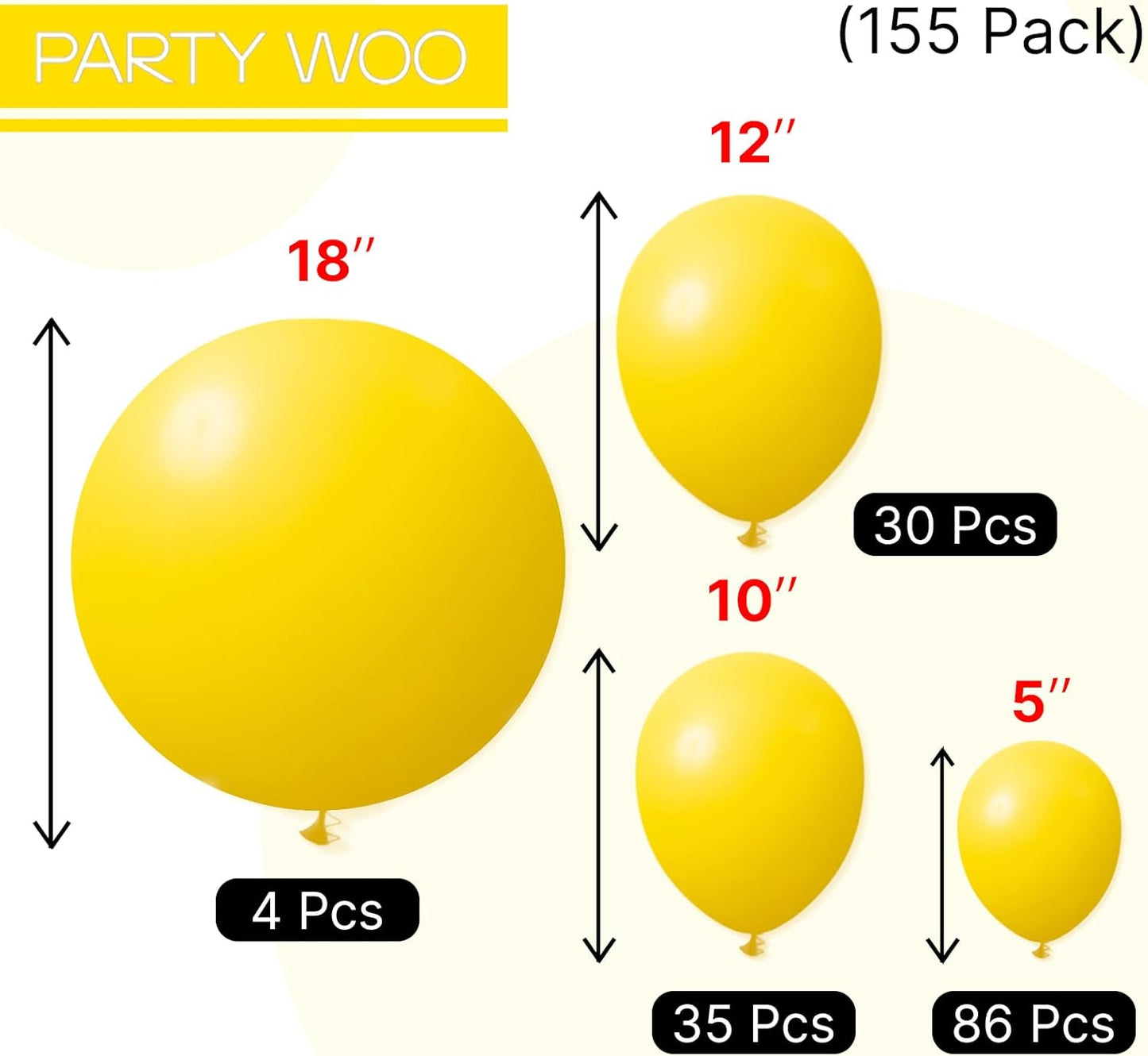 PartyWoo Yellow Balloons 155 pcs Different Sizes of 18 12 10 5 Inch Light Yellow Balloon Arch Kit Garland for Easter Bee Baby Shower Engagement Sunflower Birthday Graduation Decorations Yellow-Y55