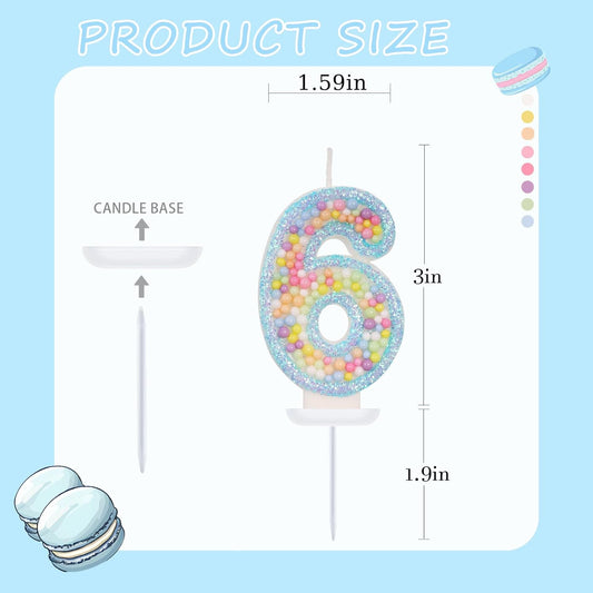 Birthday Candles - Number 6 Candle, Colorful Macaron Candles for Boys/Girls, Blue Cake Decorations, Blue Birthday Decorations, Theme Party Supplies