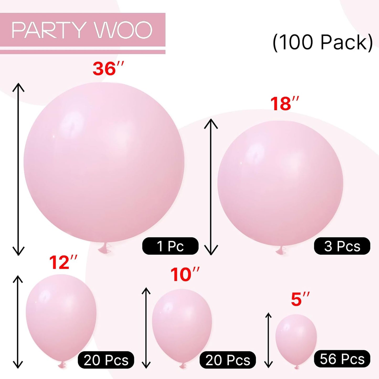 PartyWoo Light Pink Balloons 100 pcs Different Sizes of 36 18 12 10 5 Inch Pastel Baby Pale Pink Balloon Arch Kit Garland for Baby Shower Valentine's Day Princess Birthday Party Decorations Pink-Y48