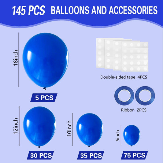 Royal Blue Balloons 145pcs Different Sizes 5in 10in 12in 18in Round Latex Blue Balloon Helium Arch Kit Garland for Graduation Wedding Baby Shower Birthday Party Decoration
