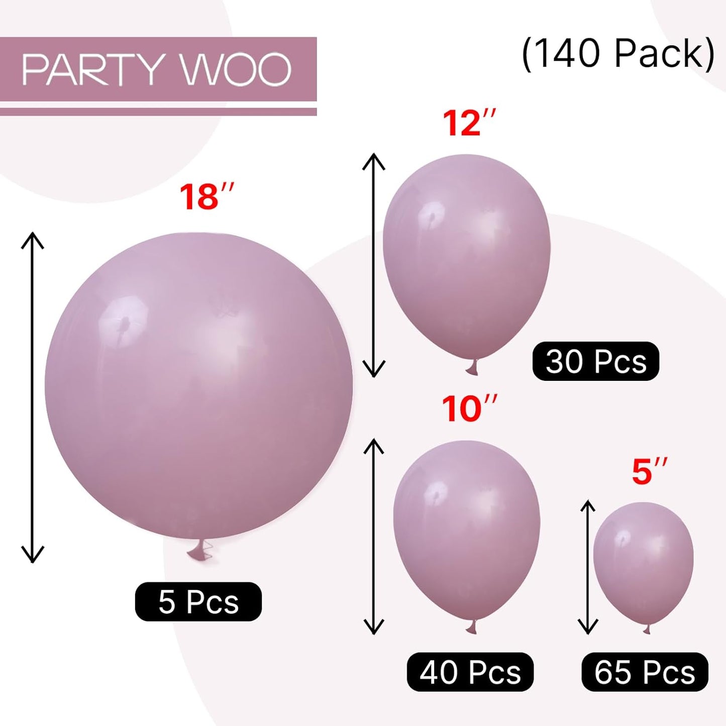 PartyWoo Dusty Purple Balloons 140 pcs Different Sizes of 18 12 10 5 Inch Matte Lavender Lilac Latex Helium Balloon Arch Kit Garland for Wedding Baby Shower Birthday Party Decorations Purple-F29
