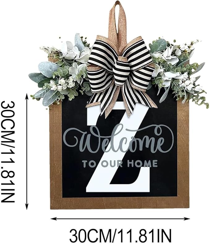 Last Name Year Round Front Door Wreath Front Porch Decoration 26 Letter Welcome Sign with Eucalyptus Garland and Bow Spring Wreaths for Front Door Outside Hanger Garland(Z)