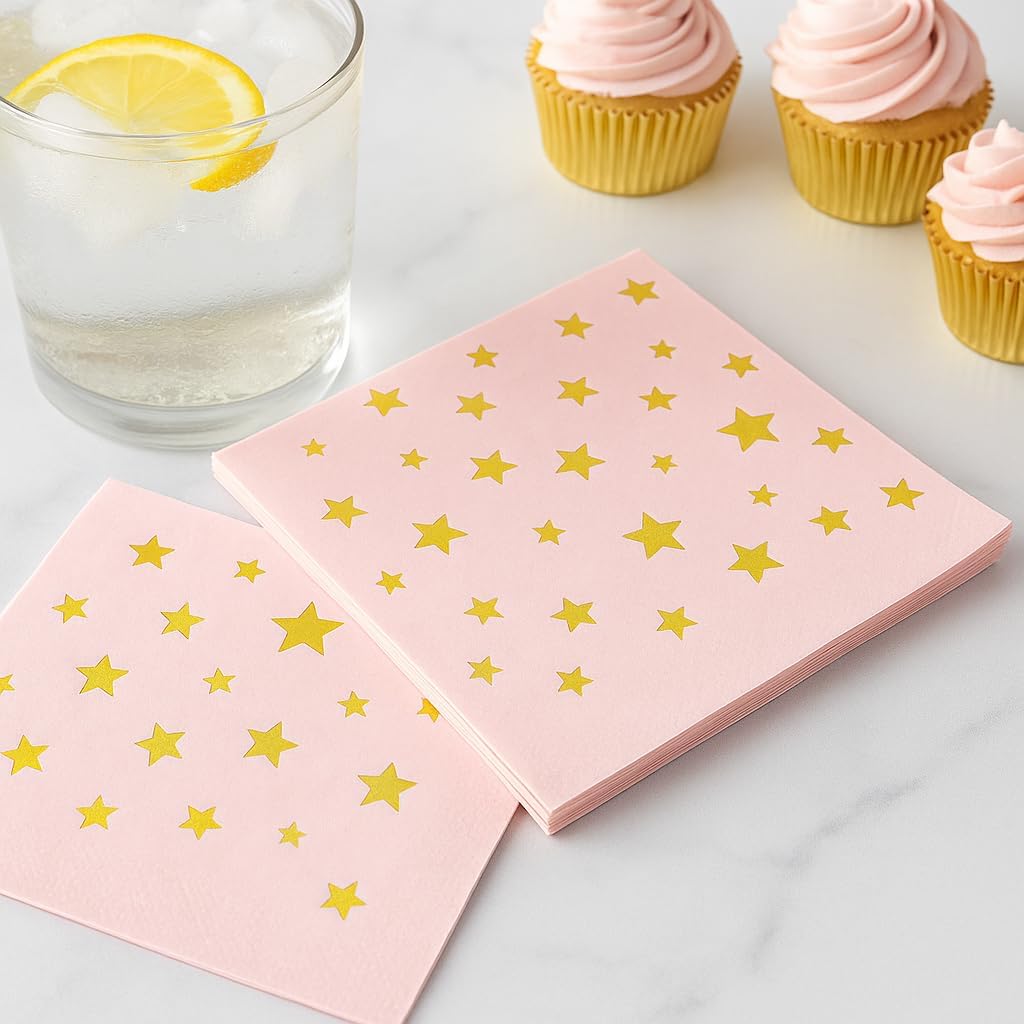 100 Pink Cocktail Napkins with Gold Foil Stars - Elegant 2- Ply Disposable Beverage Napkins for Weddings, Birthdays, Baby Showers, Bridal Parties & Events