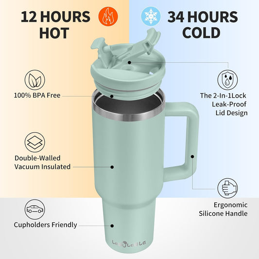 40oz Tumbler with Handle,Double Wall Vacuum Reusable Stainless Steel Insulated Water Bottle,With Leak Proof lid and Straw for Iced or Cold Beverages (Blue Haze)