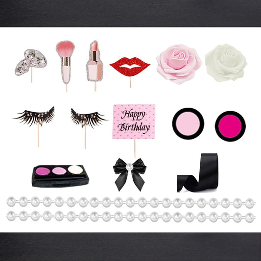 Makeup Cake Topper Flower Ribbon Gloden Ball Makeup Cake Decoration for Girls Women Birthday Party
