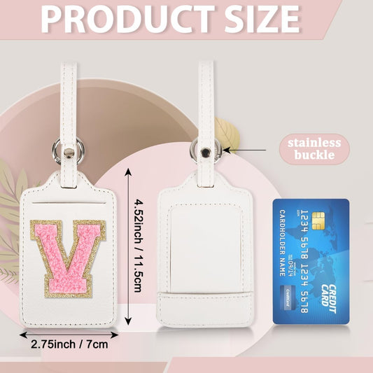 Personalized Initial Luggage Tags for Suitcases, Leather Chenille Letter Cute Luggage Tags with Privacy Name Card, Embroidered Travel Bag Backpack Tags Gifts for Women Kids Girls Teens(White-V)