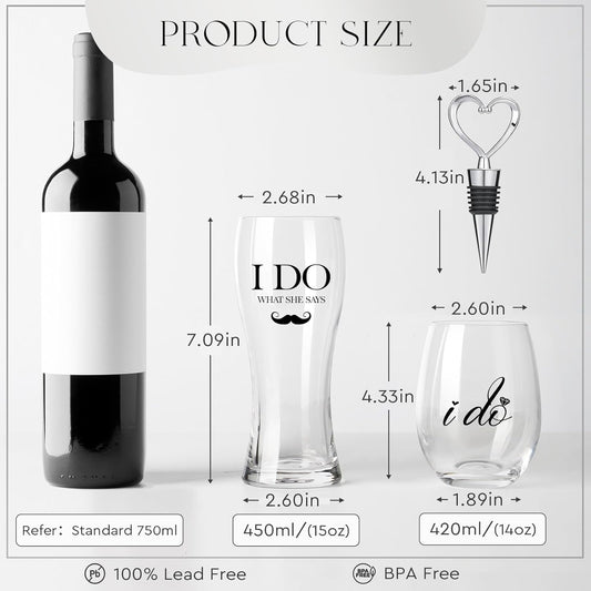 AW BRIDAL Engagement Gifts for Couples 2025, Mr Mrs Wine Glasses and Beer Mug Set, Newlywed Gift for the Couple, Bride and Groom Glasses for Wedding Bridal Shower, Bride to Be Gifts with Wine Stopper