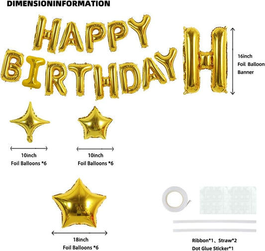 TONIFUL 35PCS Gold Happy Birthday Decorations Kit 16 Inch Happy Birthday Balloon Banner with Star Balloons Mylar Foil Birthday Party Decorations Supplies for Men Women Adults Girls Boys Kids