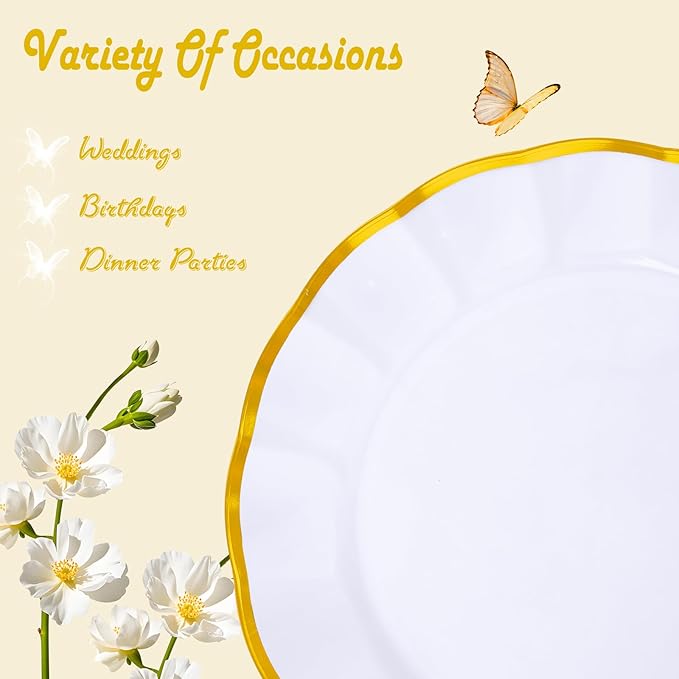 supernal 60 pcs White and Gold Plastic Plates for Party Fancy Elegant Scalloped Plates Heavy Duty Bridal Shower Plate Wedding Disposable Dinnerware Included 30 Gold Dessert Plate and 30 Dinner Plate