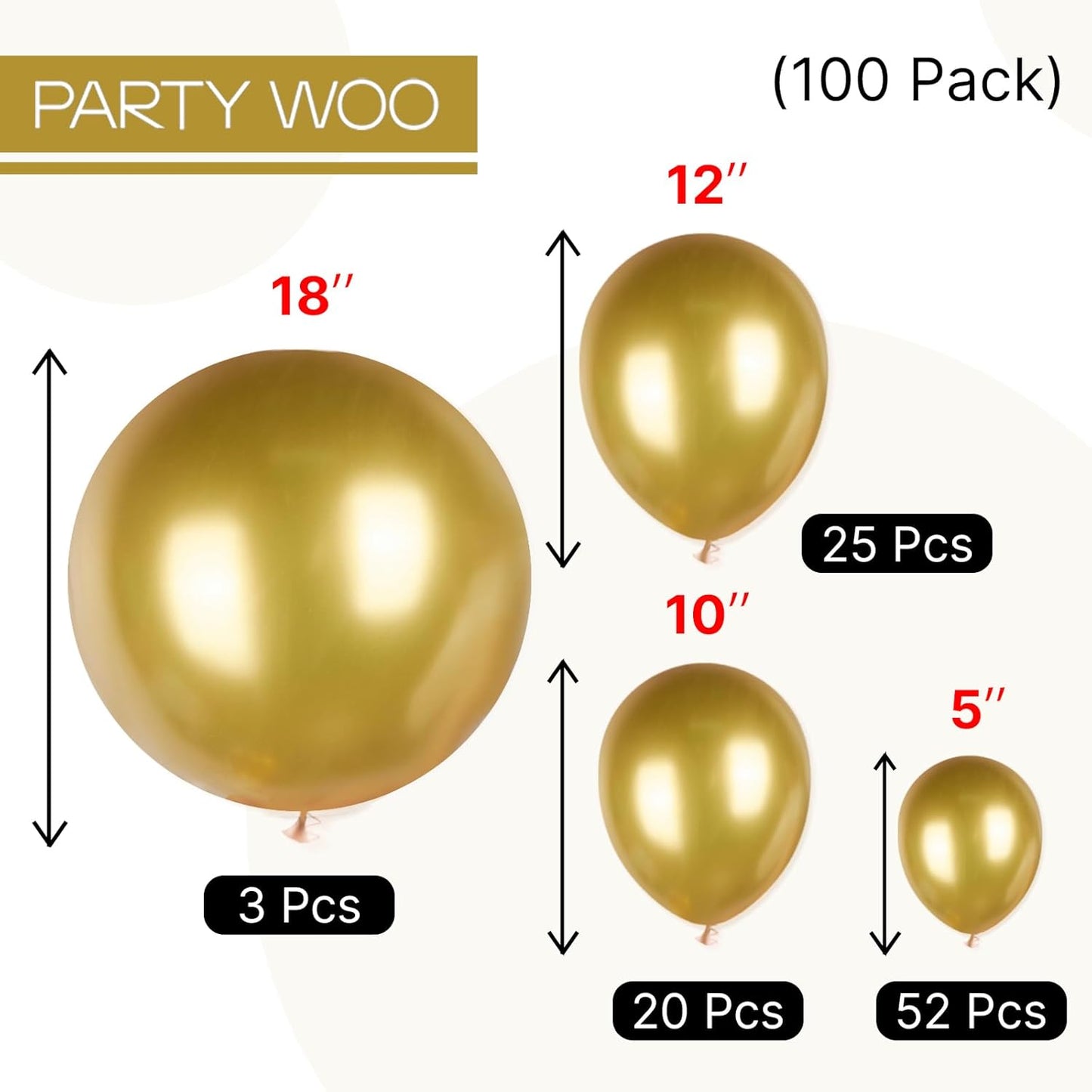 PartyWoo Gold Balloons 100pcs Different Sizes of 18 12 10 5 Inch Gold Balloon Arch Kit Garland for Birthday Wedding Anniversary Baby Shower Graduation Retirement Casino Party Decorations Gold-G101