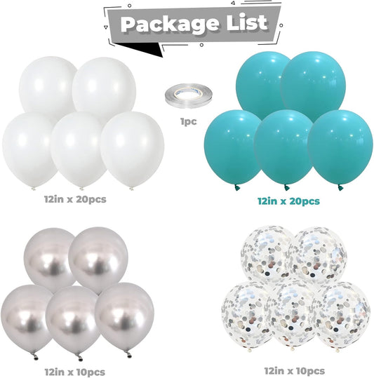Balloons Teal Blue White Silver 12inch Mettalic Chrome Silver Confetti Balloon Turquoise Blue Latex Balloons for Wedding Bridal Baby Shower Birthday Graduation Party Decorations