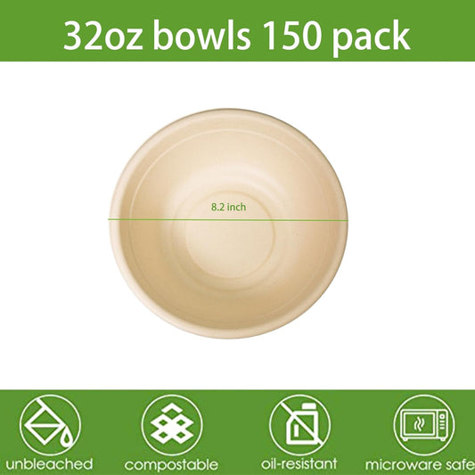 32oz Disposable Salad Bowls 150Pack, Big Paper Bowls, Large, Heavy-Duty, Eco-Friendly, Bulk Pack, Compostable Bowls, Biodegradable Made of Sugar Cane Fibers,Perfect For Salad