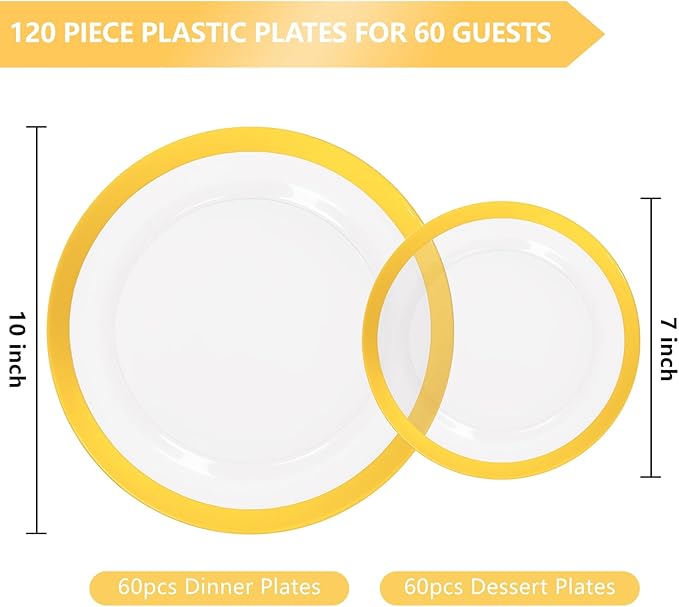 supernal 120pcs Clear and Gold Plastic Plates Disposable Fancy Plates Heavy Duty Gold Plastic Dinneware Include Dinner and Dessert Perfect for Party Wedding and Birthday