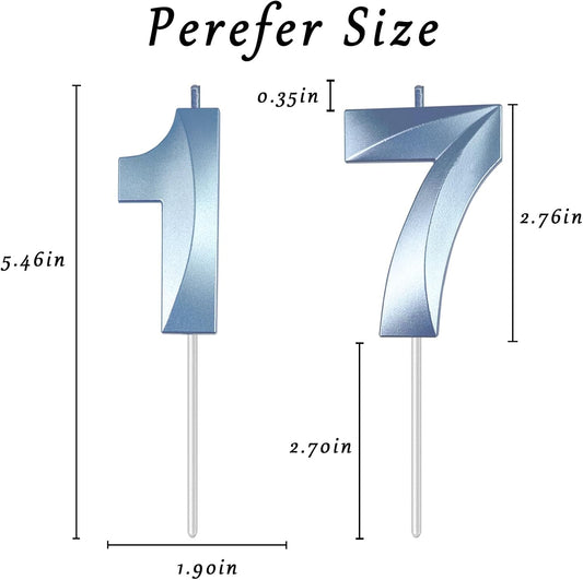 Blue Number 17 Candles, 3D Diamond 2.76 Inch Cake Topper Birthday Candles for Wedding Anniversary Cake Decorations, Happy Birthday Party Decorations