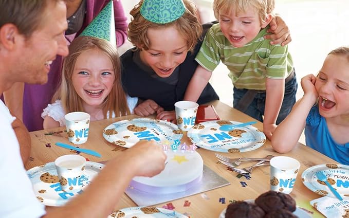 168Pcs Cookies Party Supplies Chocolate Chip Cookies and Milk Drinks Birthday Decorations for Baby Boys Girls 1st Birthday Party Tableware Serve 24