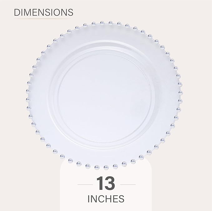 PLASTICPRO Clear Plastic Charger Plates with Beaded Edge – Pack of 4 – 13" Elegant Round Disposable Chargers for Weddings, Events, Parties, and Dinners