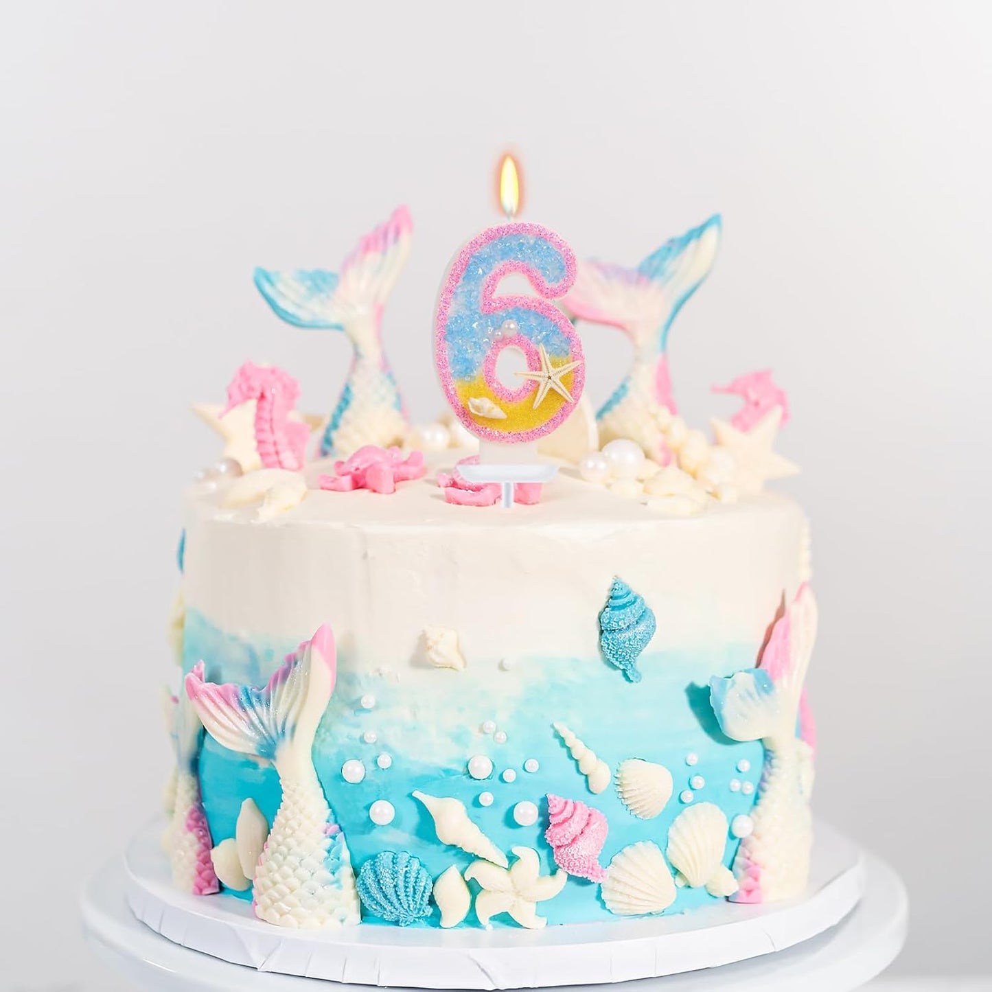 6th Birthday Candle for Cake, Pink Beach Starfish Sequins Number Cake Candles, 2.76 inch Pink Cake Topper Decoration for Birthday Party (Number 6)