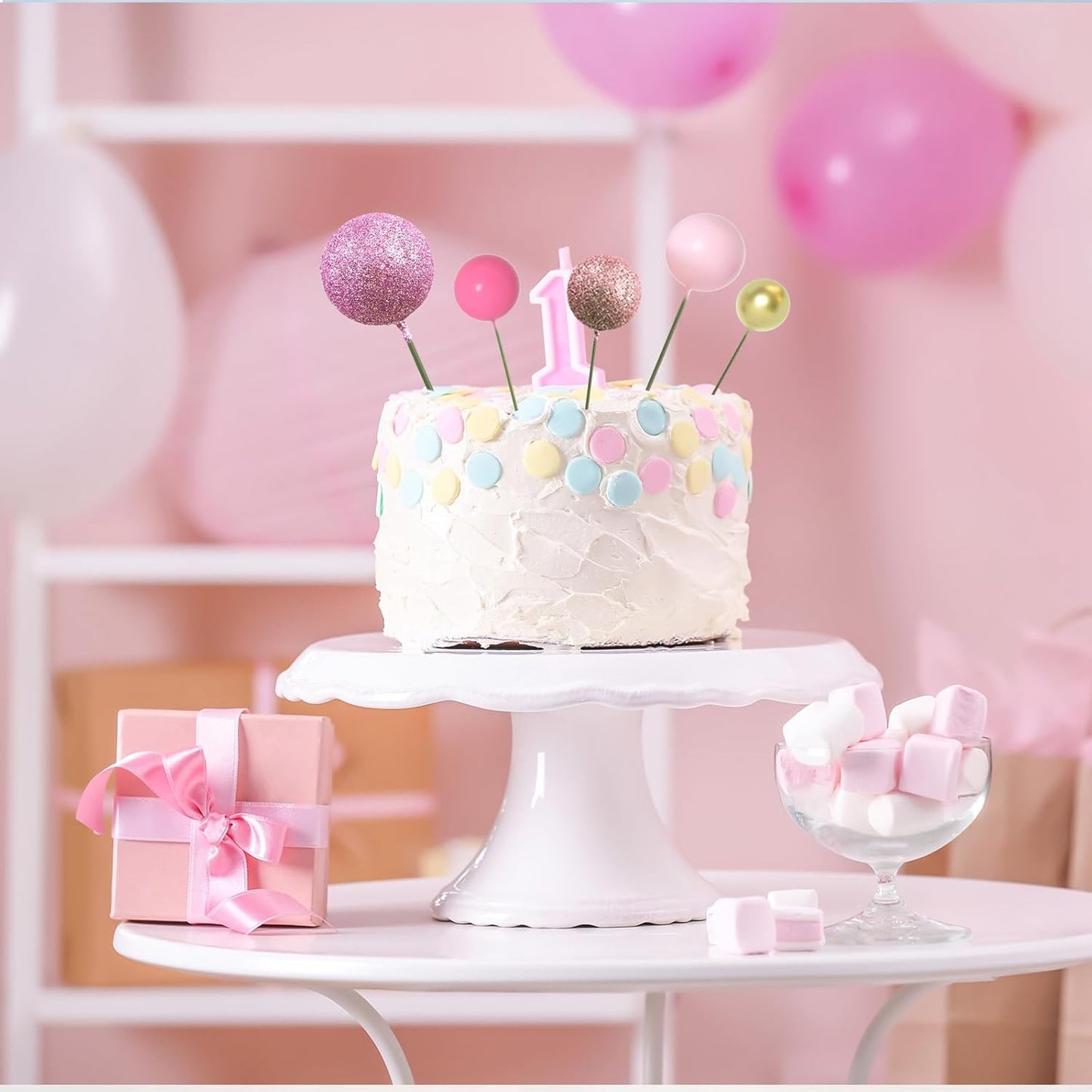 ASTARON 50 Pcs Ball Cake Topper Sticks Mini Balloons for Cake Decorating Supplies Foam Balls Cake decorations for Baby Shower Cake Birthday Cake Toppers Decorations (Pink Series)