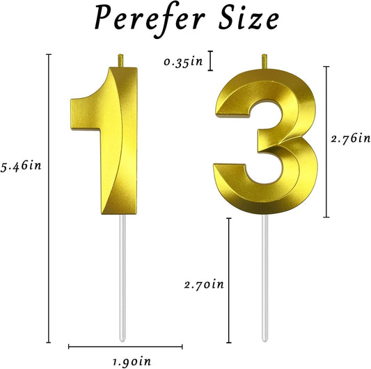 Gold Number 13 Candles, 3D Diamond 2.76 Inch Cake Topper Birthday Candles for Wedding Anniversary Cake Decorations, Happy Birthday Party Decorations
