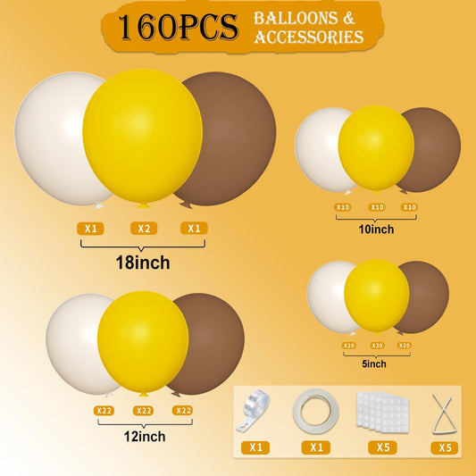 Yellow Brown White Balloon Garland Arch Kit, 160Pcs Latex Balloons Different Size 18 12 10 5 inch for Birthday Bridal Baby Shower Gender Reveal Wedding Retirement Party Decorations