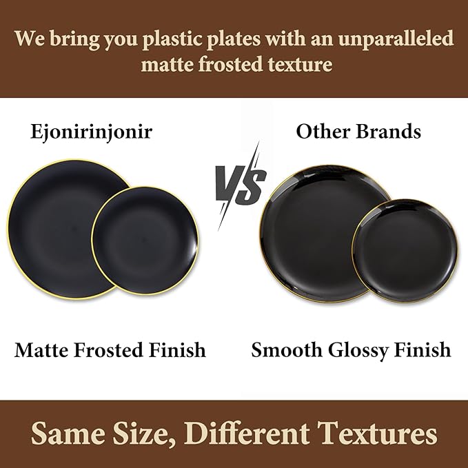 EI 350Pcs Black and Gold Matte Frosted Plastic Plates Disposable Heavy Duty,Dinnerware Set for Party Include 100 Disposable Plates,150 Silverware,50 Napkins,50 Cups for Party/Wedding/Events,Hotel